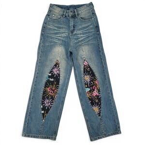 Aelfric Eden Womens 26 Jeans Blue Wide Leg Sequin Patch Y2K Streetwear Denim